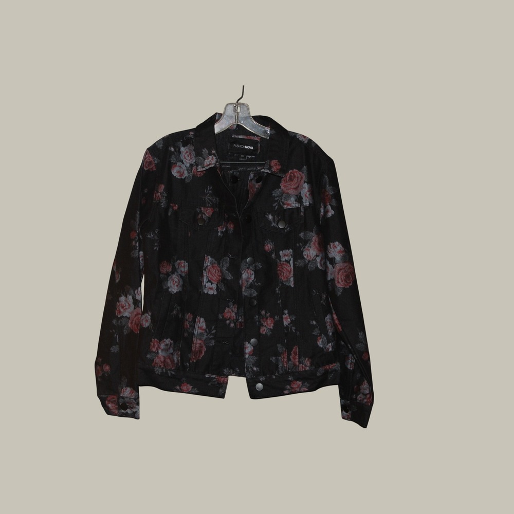 Fashion Nova Womens Black Floral Rose Denim Jacket and Mini Skirt Set Size Small